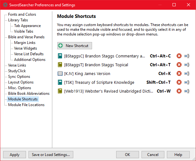 The Module Shortcuts configuration window in SwordSearcher