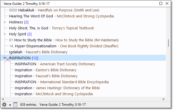 Sample Verse Guide, showing multiple Books with entries titled INSPIRATION referencing 2Ti 3:16-17 Sample Verse Guide, showing multiple Books with entries titled INSPIRATION referencing 2Ti 3:16-17