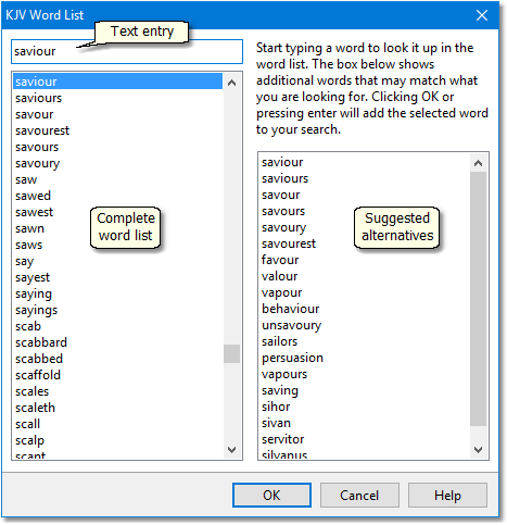Sample Word List dialog Sample Word List dialog
