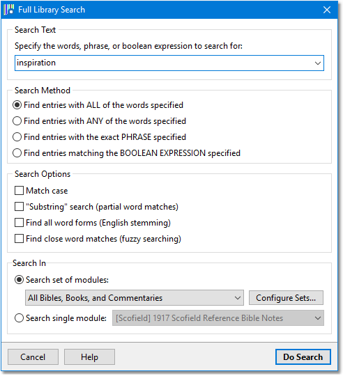 Sample Full Library Search dialog Sample Full Library Search dialog