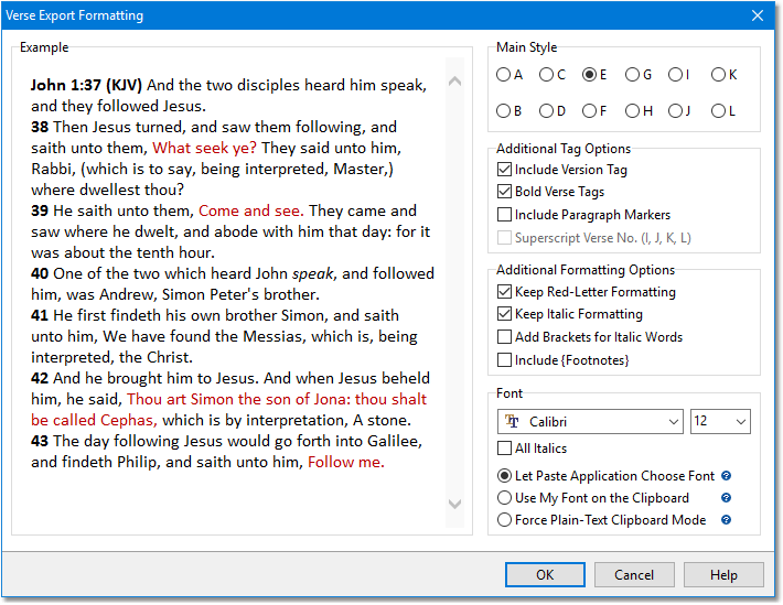 Sample Verse Export Formatting dialog