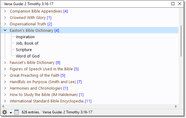 Sample Verse Guide, showing book entries grouped by book module, for 2Ti 3:16-17. Sample Verse Guide, showing book entries grouped by book module, for 2Ti 3:16-17.