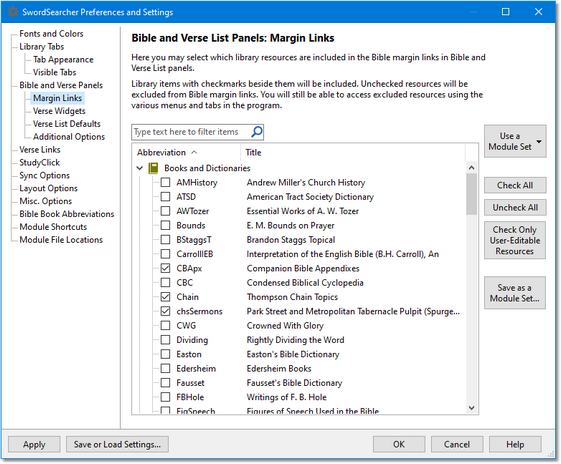 Bible Margin Links section of SwordSearcher Preferences Bible Margin Links section of SwordSearcher Preferences
