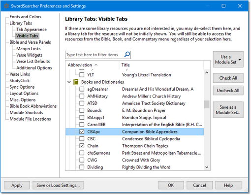 Sample showing the Visible Library Tabs section of Preferences. Sample showing the Visible Library Tabs section of Preferences.