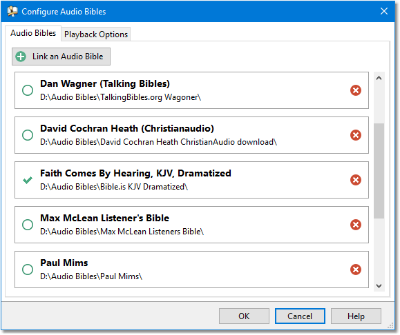 Sample showing multiple audio Bibles linked into SwordSearcher. Sample showing multiple audio Bibles linked into SwordSearcher.