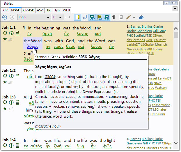 Sample of the KJVSL Bible module, showing pop-up Strong's definition Sample of the KJVSL Bible module, showing pop-up Strong's definition