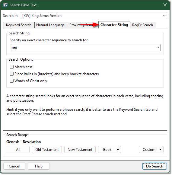 Sample Bible search dialog showing Character String Search page