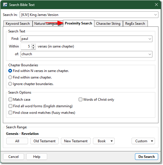 Sample Search Bible dialog showing Proximity page Sample Search Bible dialog showing Proximity page