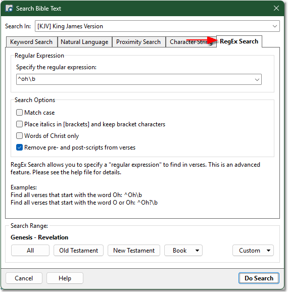 Sample Search Bible dialog showing RegEx Search page