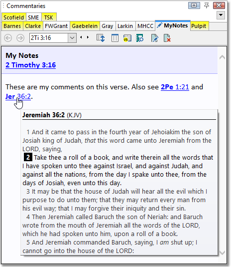 The Commentary and Book panels show the verse references as links. The Commentary and Book panels show the verse references as links.