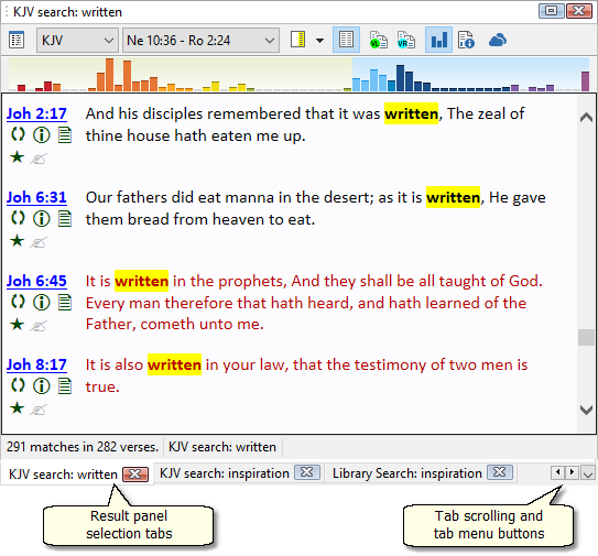 Sample result panels, showing a verse list from a Bible search