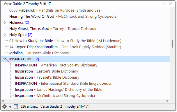 Sample Verse Guide, showing multiple Books with entries titled INSPIRATION referencing 2Ti 3:16-17