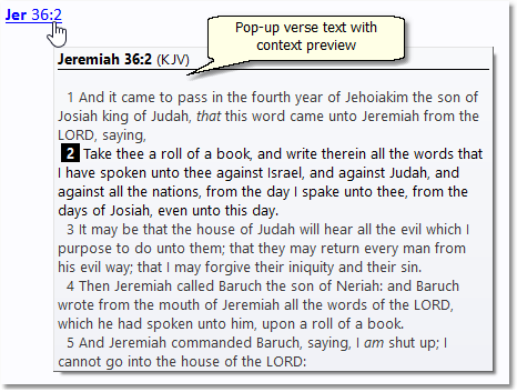 Example of pop-up verse text with context preview.
