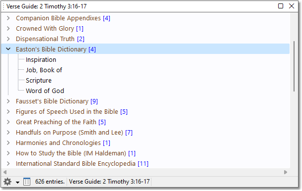 Sample Verse Guide, showing book entries grouped by book module, for 2Ti 3:16-17.