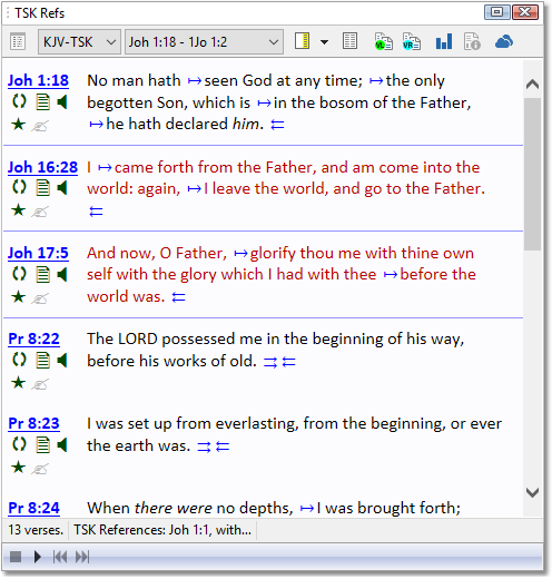 Sample screen showing cross-references for "with God" from John 1:1 in the KJV-TSK.