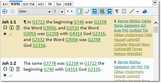Screen sample: The KJVSL in in-line format with Strong's numbering instead of root word forms.