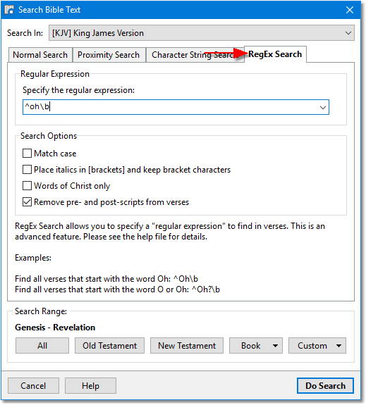 Sample Search Bible dialog showing RegEx Search page