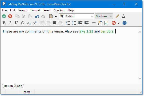 Sample editor window, showing user editing comment text on 2Ti 3:16.