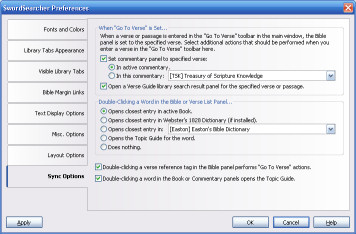Sample screen of SwordSearcher Sync Options preference page