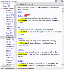 Full Library Search results showing that Genesis 1:1 in the Ellicott commentary contains the word "condemned."