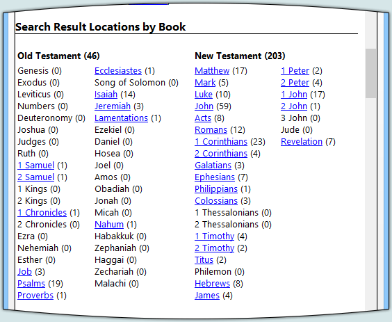 Bible search result locations by book