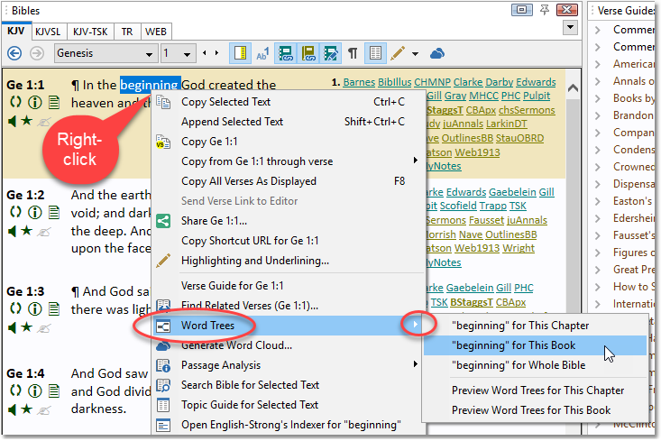 Right-click context menu in Bible panel, showing shortcuts for opening Word Trees.