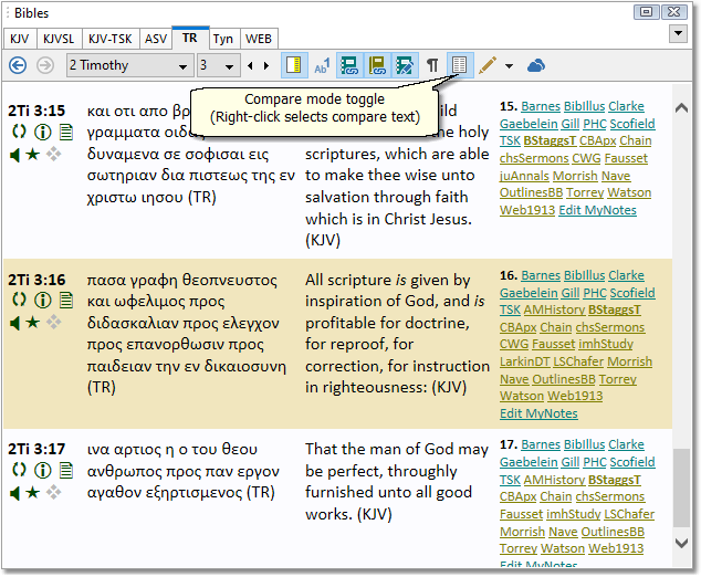 Sample Bible panel showing compare mode
