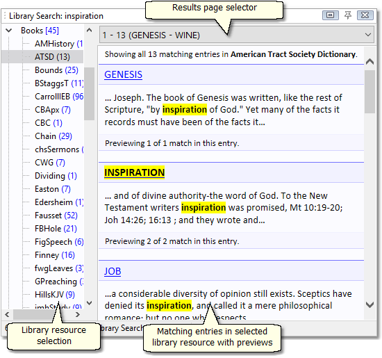 Library Search Results panel showing results from a full library search for INSPIRATION Library Search Results panel showing results from a full library search for INSPIRATION