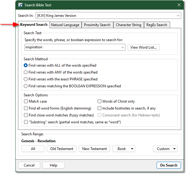 Sample Search Bible dialog with Keyword Search visible