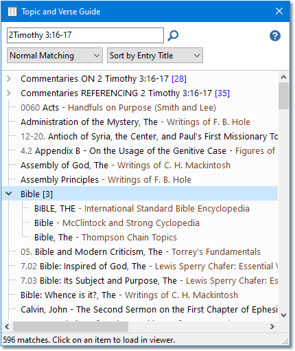 Sample Topic and Verse Guide showing references to 2Ti 3:16 and 17