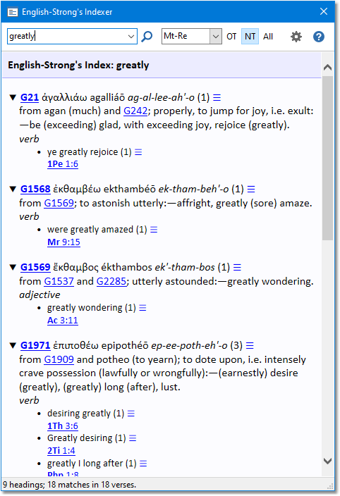 Sample English-Strong's Indexer, showing New Testament index of GREATLY