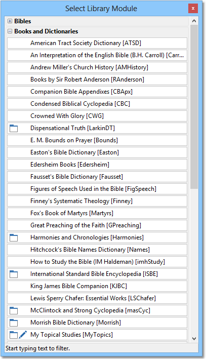 Sample of the Select Library Module window. Sample of the Select Library Module window.