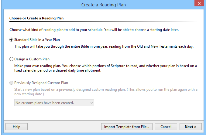Sample of the Create a Reading Plan window