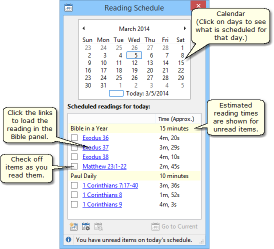Sample Reading Schedule window