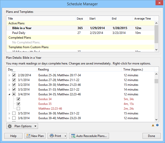 Sample Reading Schedule Manager window