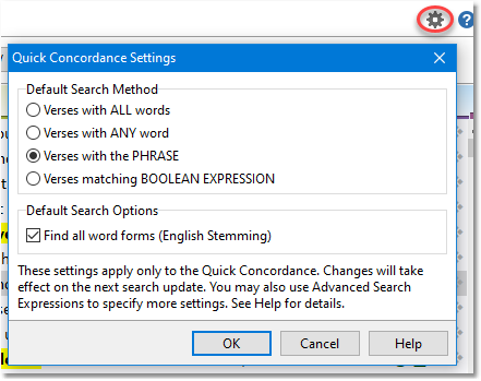 Sample Quick Concordance search settings window