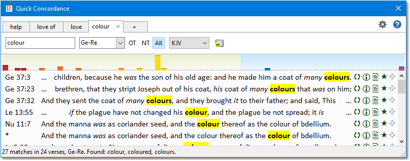 Sample Quick Concordance search for "colour" in KJV