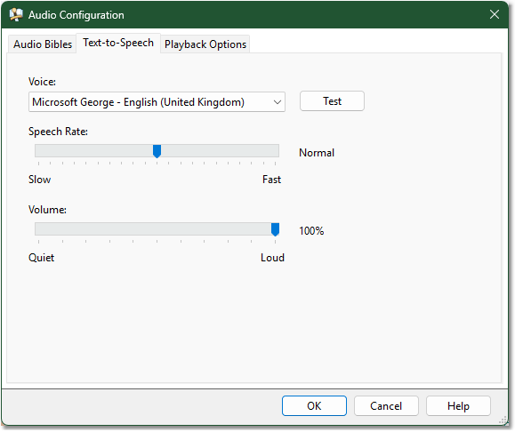Sample Text-to-Speech Audio Configuration tab.