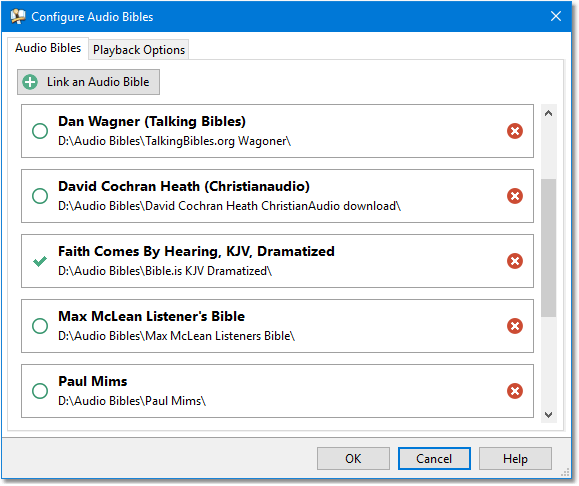 Sample showing multiple audio Bibles linked into SwordSearcher.