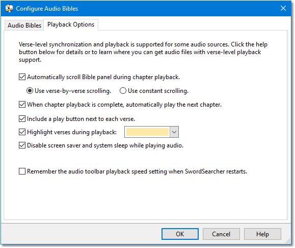 Sample Configure Audio Bibles: Playback Options screen.