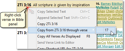 Example of copying verses to the clipboard by right-clicking a verse in the Bible panel