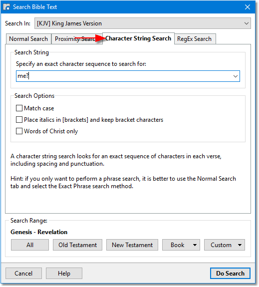Sample Bible search dialog showing Character String Search page