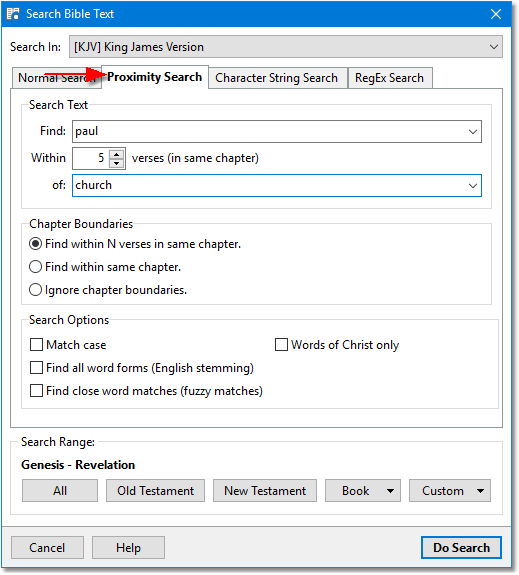 Sample Search Bible dialog showing Proximity page