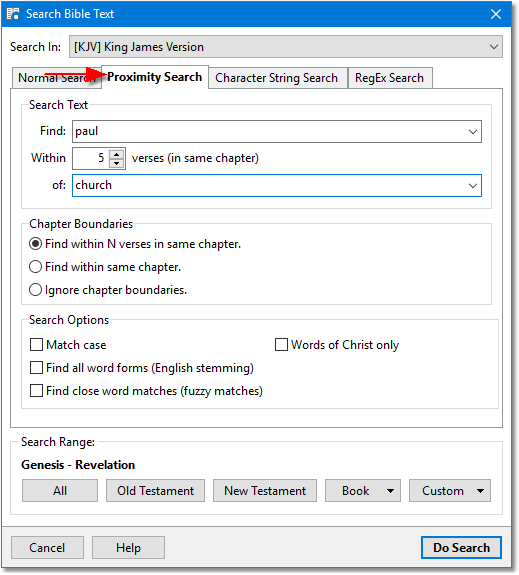 Sample Search Bible dialog showing Proximity page Sample Search Bible dialog showing Proximity page