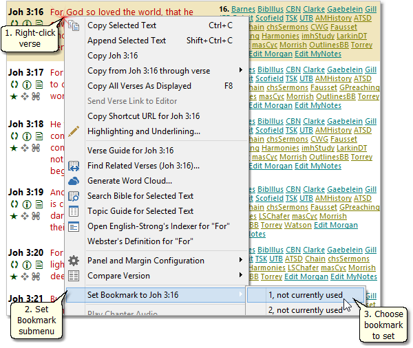 Setting a bookmark to a verse in the Bible panel