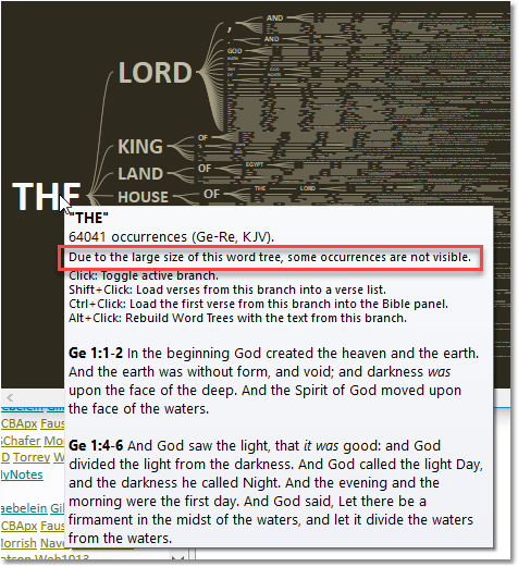 Pop-up showing preview for the word "THE" in the whole Bible.