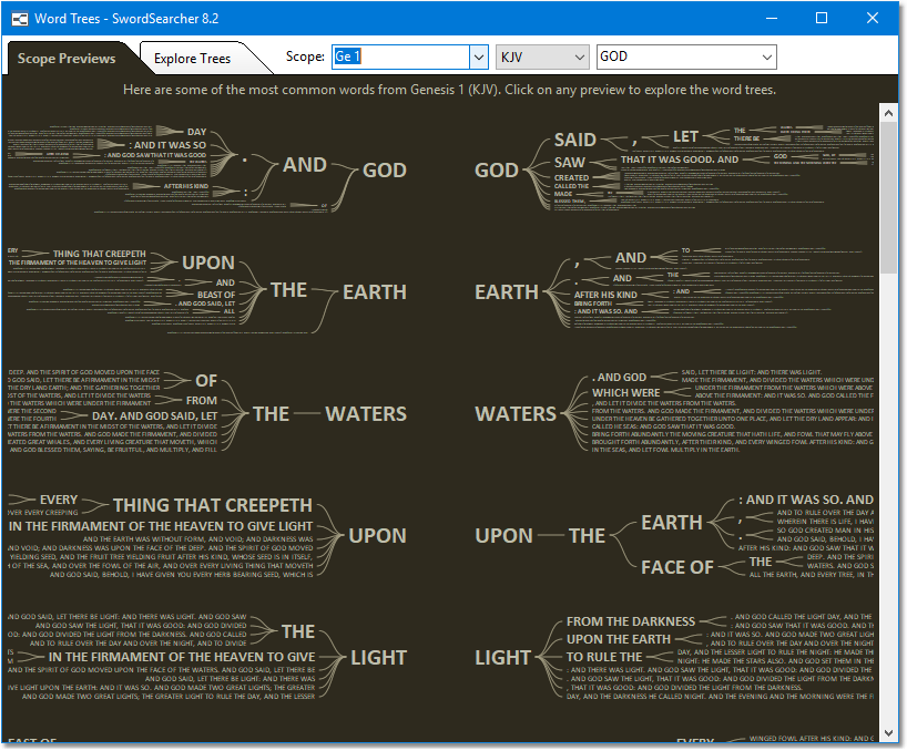 Word Tress showing previews for Genesis 1