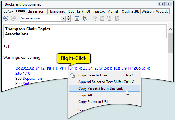 Example of right-clicking a verse link to copy the verse text