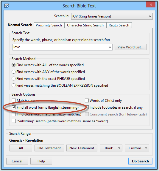 Searching the Bible with stemming